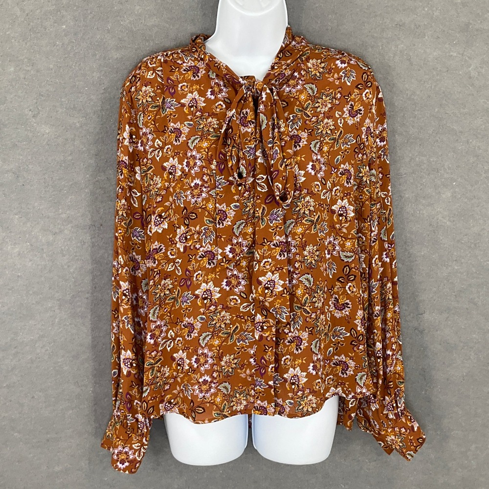 LOFT Top Women's Sz M‎ Floral Print Tie Neck Long Sleeve Blouse Office Casual